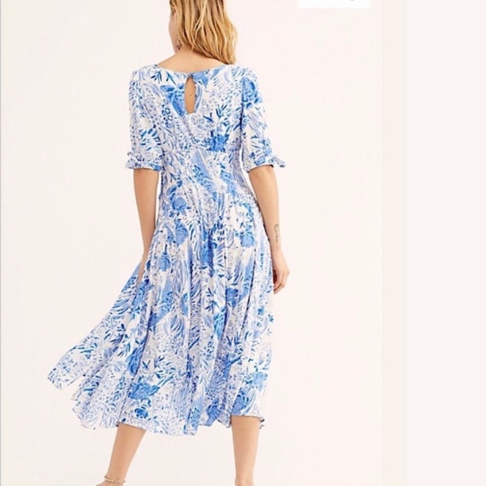Free People Forever Always Floral Blue/White Midi Dress Size 0 - Picture 2 of 12